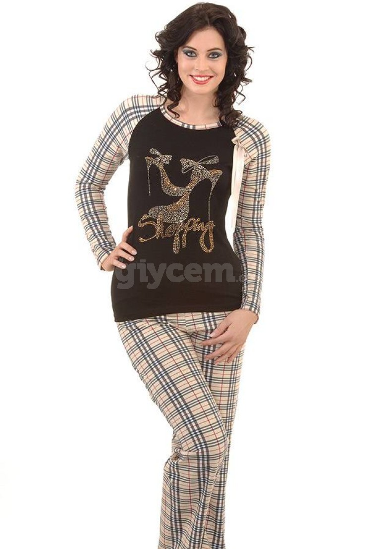 Yakıcı Burberry Taşlı Pijama 6070