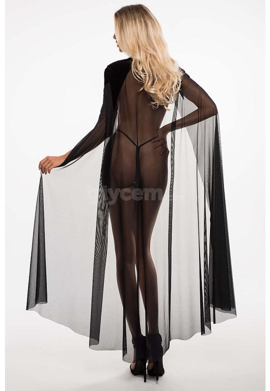 Tül Uzun Siyah Fantezi Pelerin ve String Takım -  50591