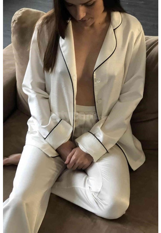 Merry See Saten Pijama Takım Düğmeli Beyaz MS2333-Beyaz