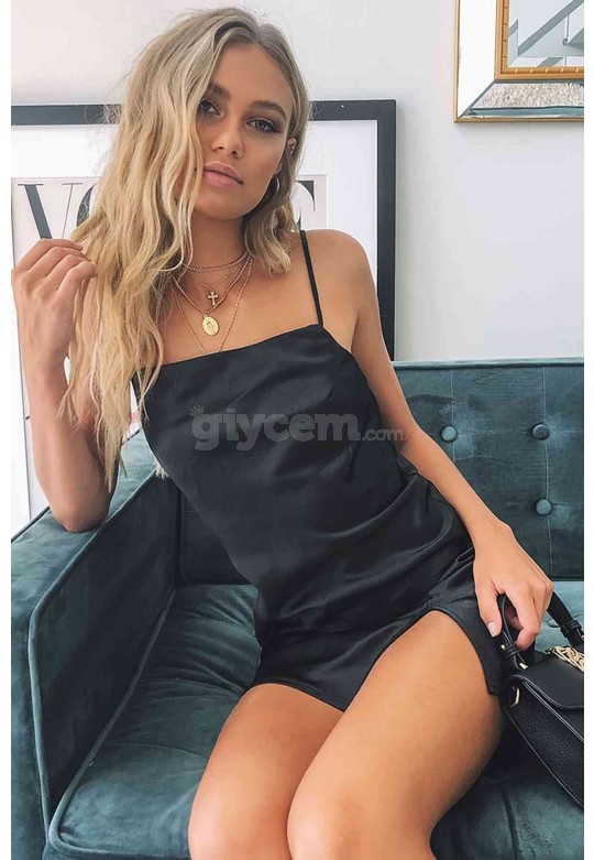 Merry See Yırtmaçlı Mini Saten Elbise Siyah MS2350-Siyah