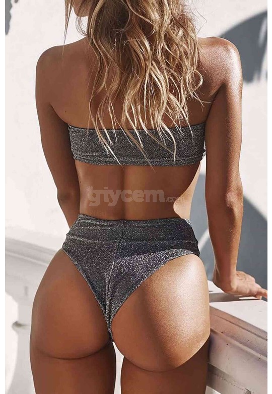 Angelsin Simli Straplez Bikini Alt Üst Takım Gri MS4147-Gri