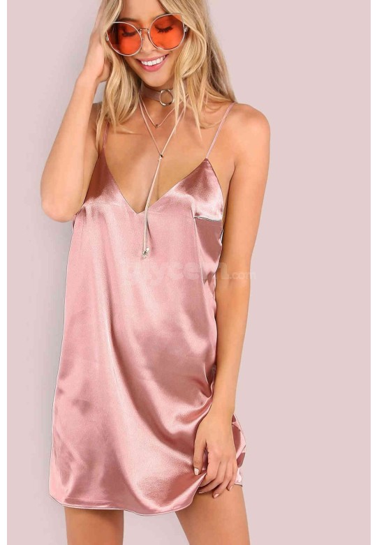 Merry See Saten Salaş Mini Elbise Pembe MS2322-Pembe