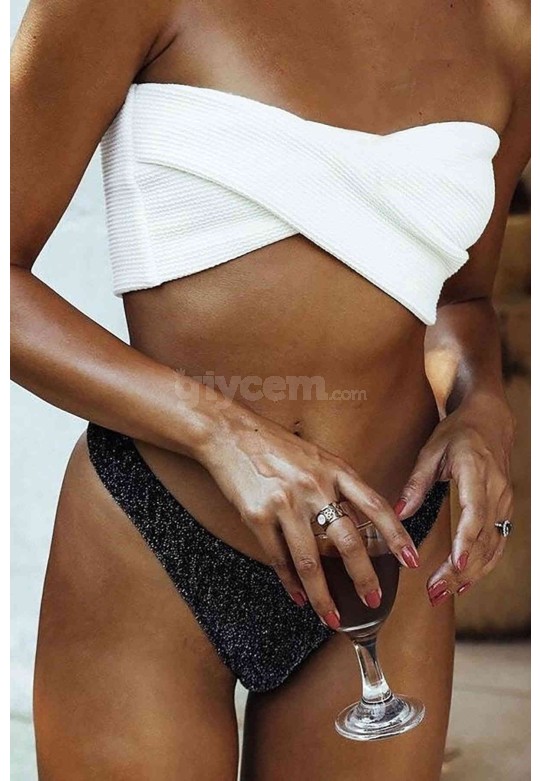 Angelsin Altı Simli Üstü Beyaz Bikini Takım Çok Renkli MS4109-Çok Renkli
