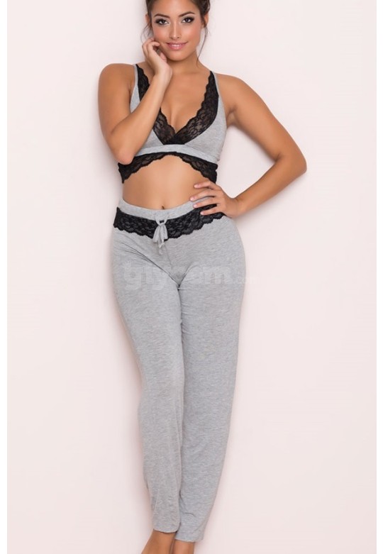 Merry See Gri Dantel İşlemeli Eşofman Pijama Alt Üst Takım MS4010
