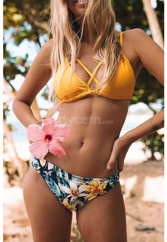 Angelsin Baskılı Üstü Sarı Bikini Takım Çok Renkli MS4105-Çok Renkli