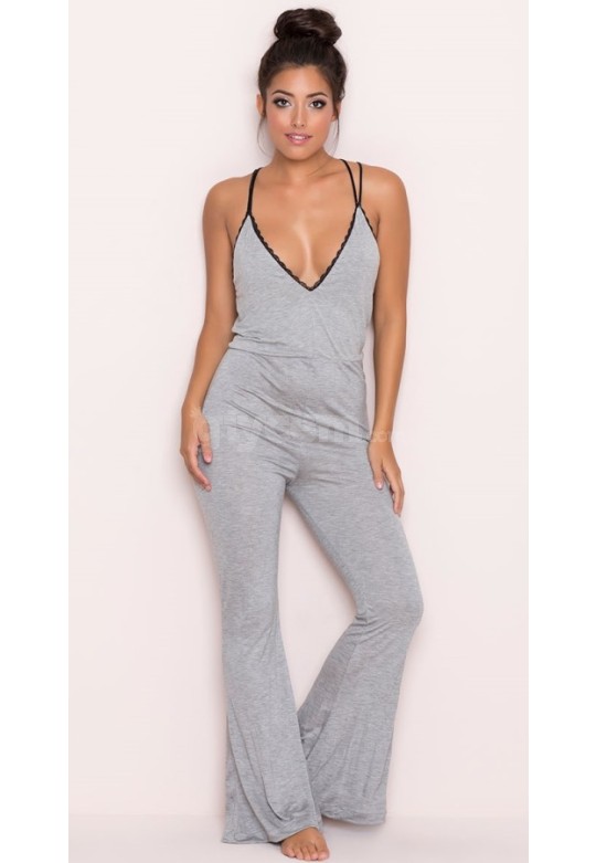 Merry See Gri Dantel İşlemeli Askılı Eşofman Pijama Takım MS4030