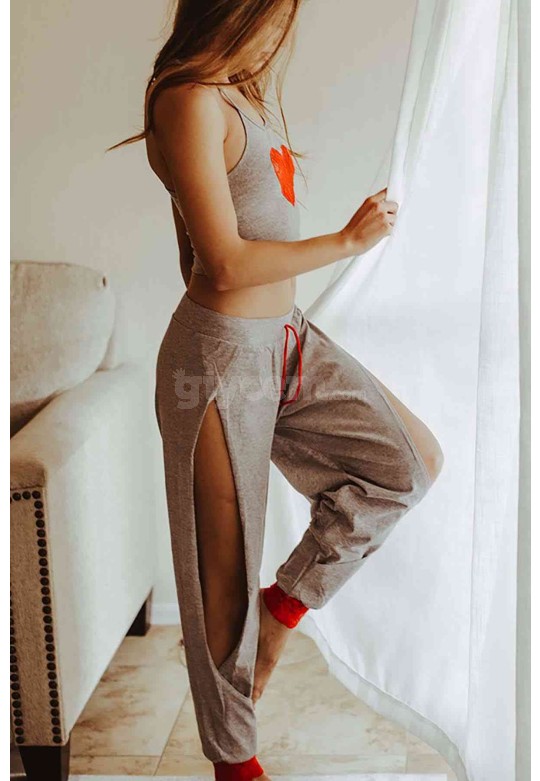 Merry See Özel Tasarım Dantel Kalp Tasarımlı Pijama Takım Gri MS4046-Gri