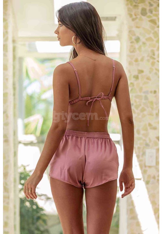Merry See Saten Sütyen Şort Takım Pembe MS3235-Pembe