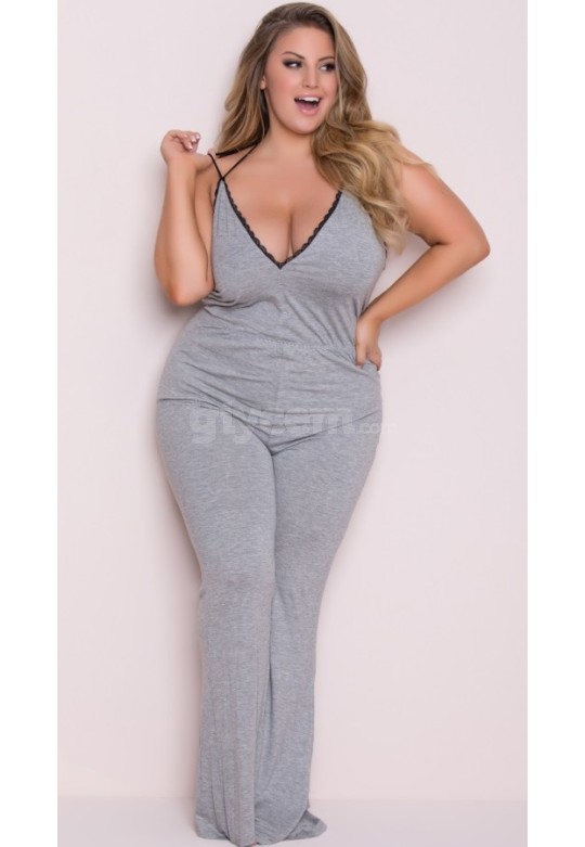 Merry See Büyük Beden Gri Dantel İşlemeli Eşofman Pijama Takım MS4032P