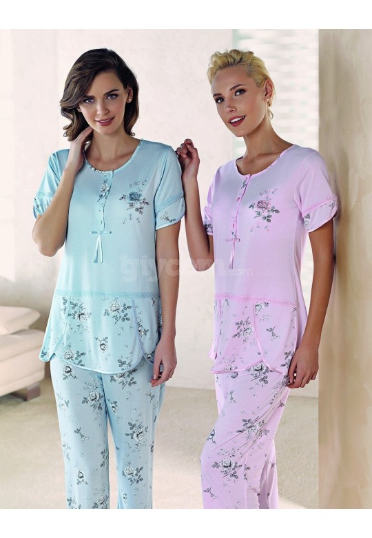 Artış Üstü Sade Çiçek Desenli Pijama Takım  -1315